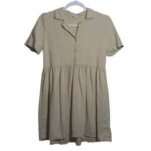 Twik Natural Neutral Babydoll Linen Casual Tan Button-Up Dress Size Small